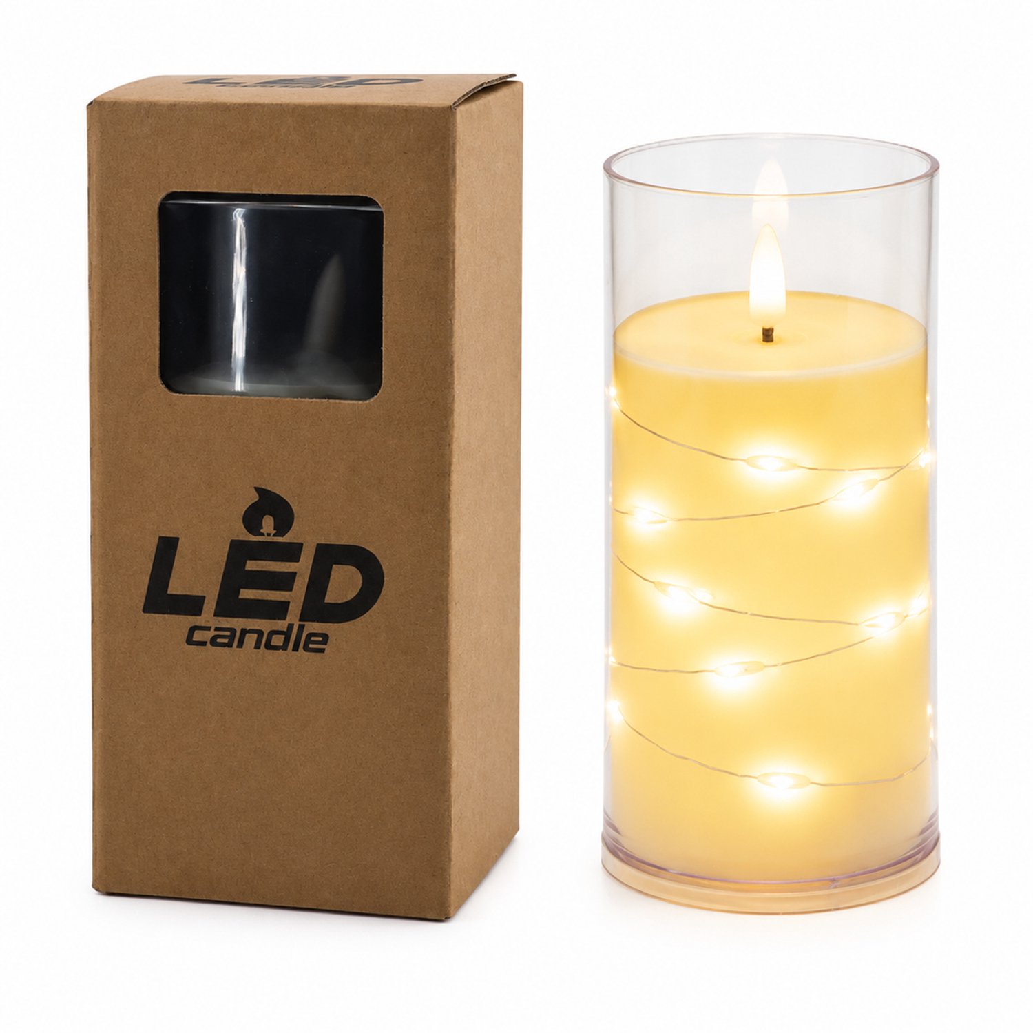 SWGOTA Led kaarsen: 1 decoratieve kaars van 7,5 × 15 cm met warm licht, vlamvormige led en koperdraad-lichtsnoer, transparante cilinder en vensterdoos, zonder batterijen Ivoor