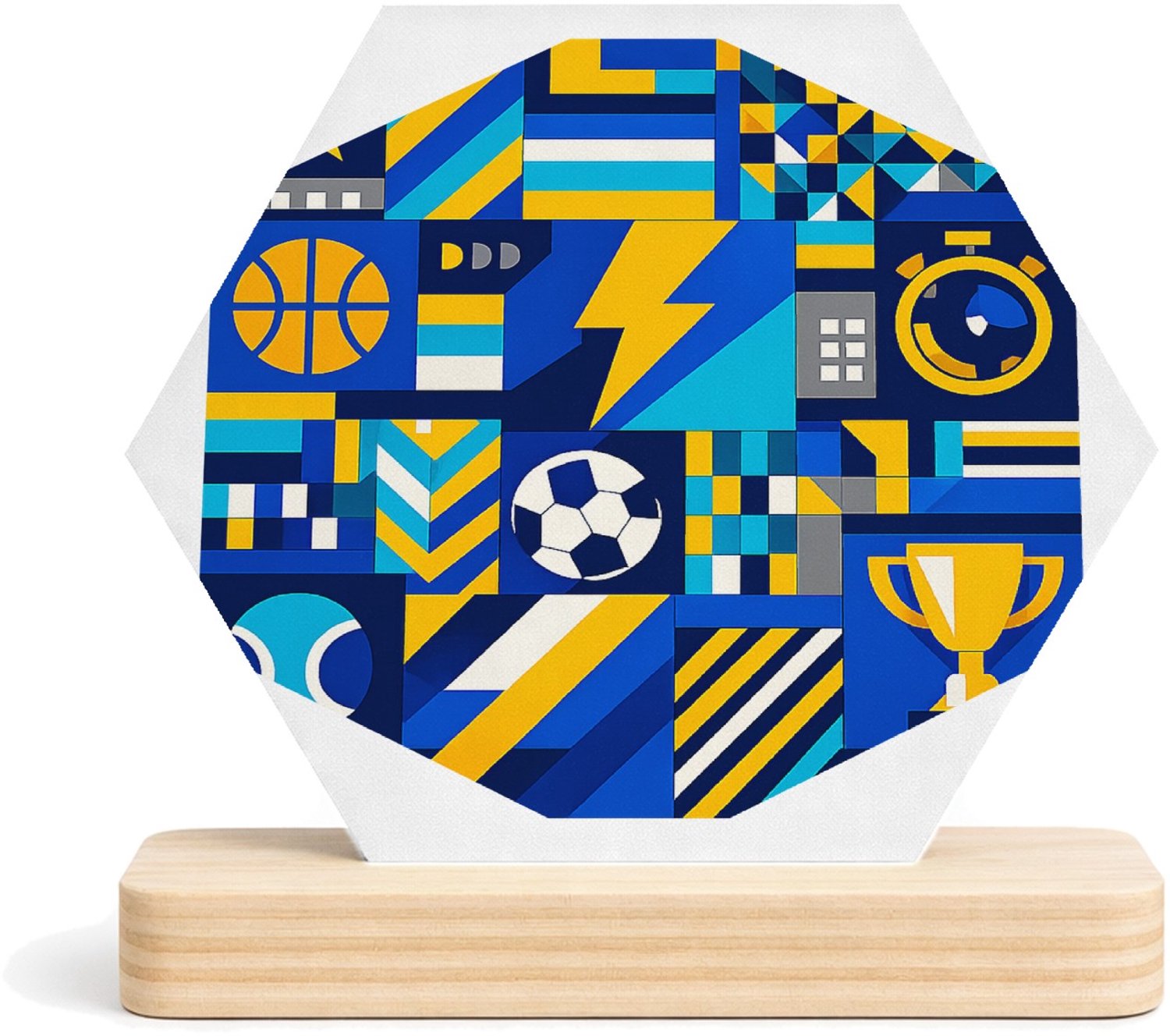 Mr Cadeautjes MDF fotolijst/inleg hexagon 14 x 13 - design Een sportieve patchworkprint met kleine iconische vormen zoa | cadeau Wit