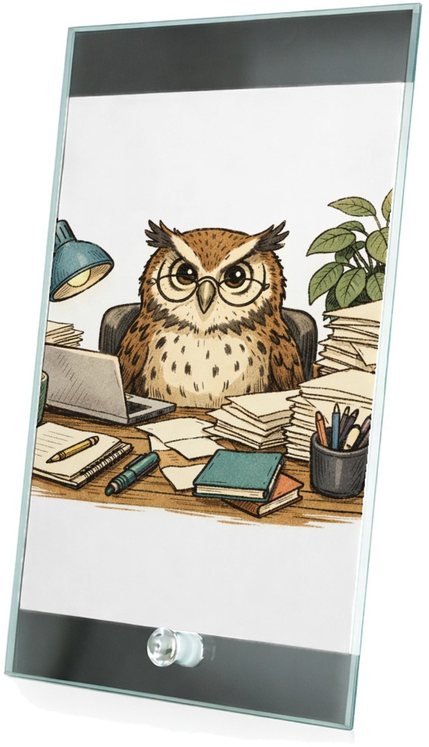 Mr Cadeautjes Glasframe 15 x 23 - design Een bosuil die op een chaotisch bureau een stapel dossiers o | cadeau Wit