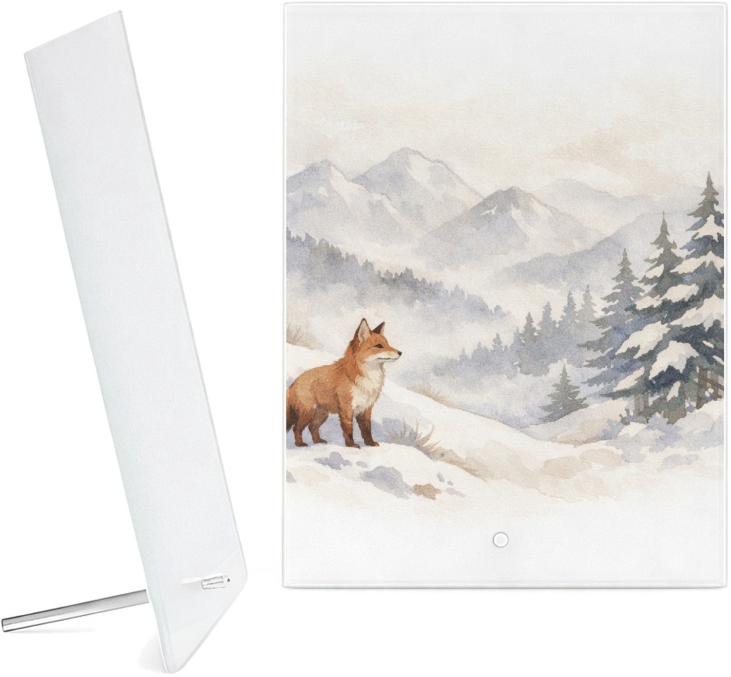 Mr Cadeautjes Glazen fotopaneel Een bergwinter-scène met een vos die op een besneeuwde helli - 15 x 20 cm, staand - glas, decoratie, wanddecoratie | cadeau Wit
