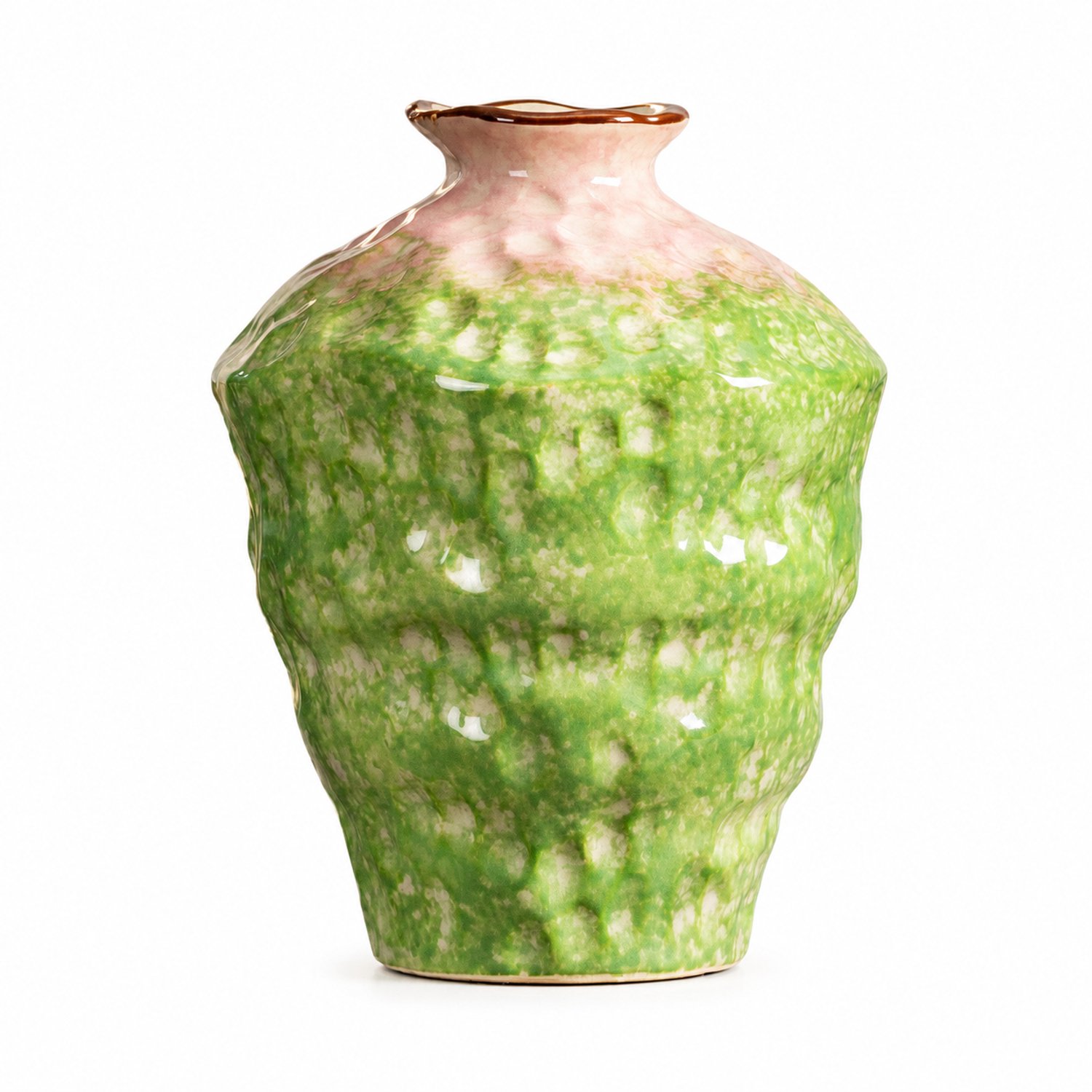 SWGOTA Keramische vaas in meipingvorm, middelgroot, 20 cm hoog, groen-roze glazuur, golvende wand en opening van 7 cm
