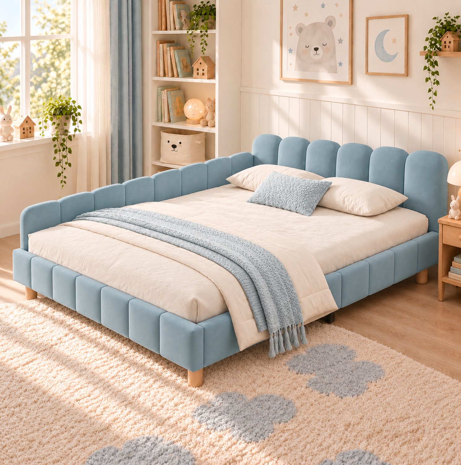 MODFU Kinderbed - Gestoffeerd Met Zijleuningen - Fluweel En Hout - Blauw - 140 X 200 Cm