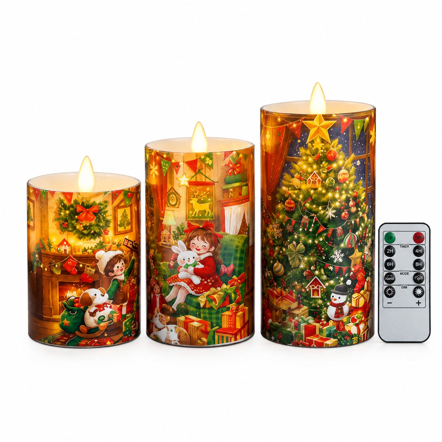 SWGOTA led kaarsen voor kerst, set van 3 met afstandsbediening, warm licht en kerstillustraties, in bedrukte doos Blauw