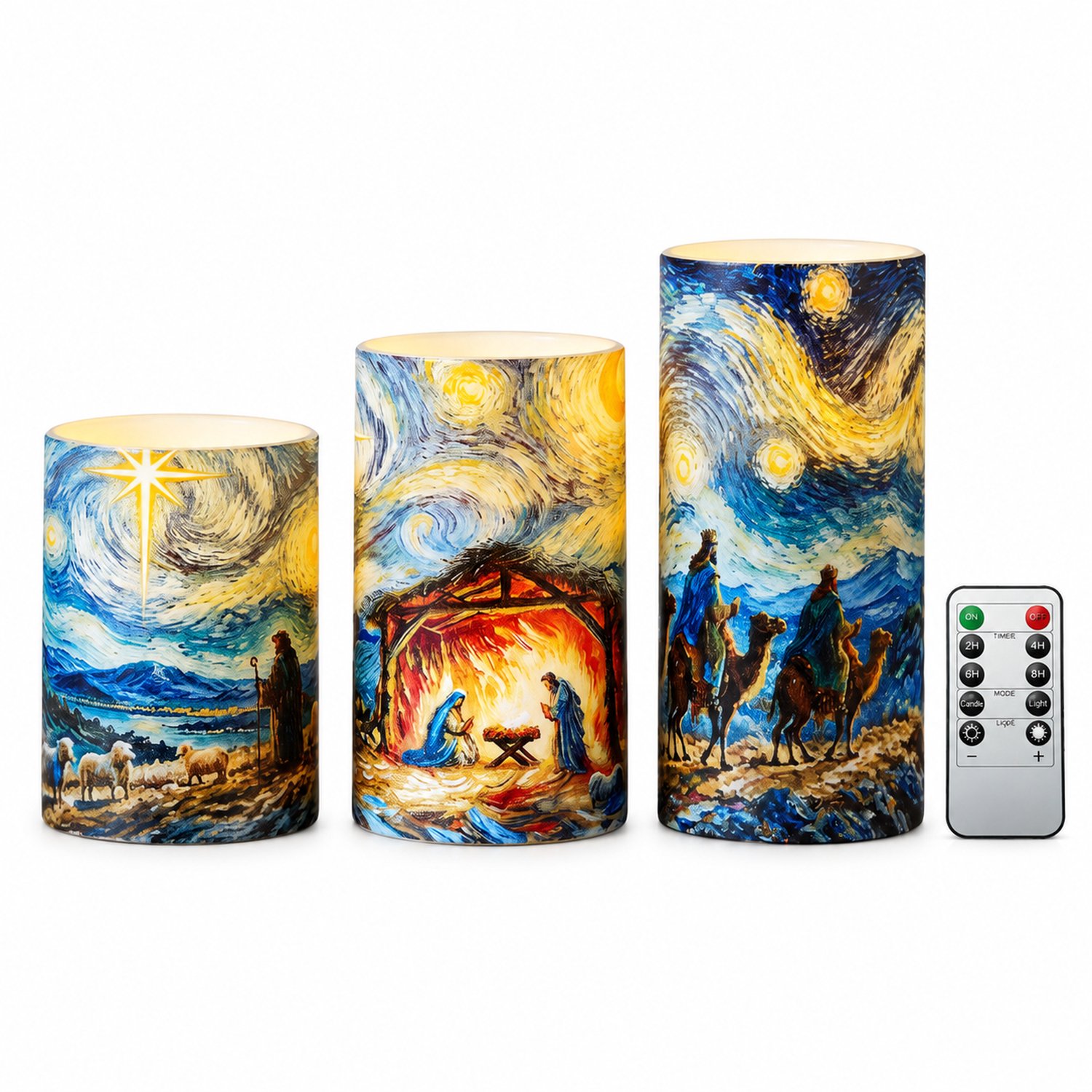 SWGOTA led kaarsen, set van 3 met kerstmotieven en afstandsbediening - warm licht, kunststof cilinders, zonder batterijen Meerkleurig
