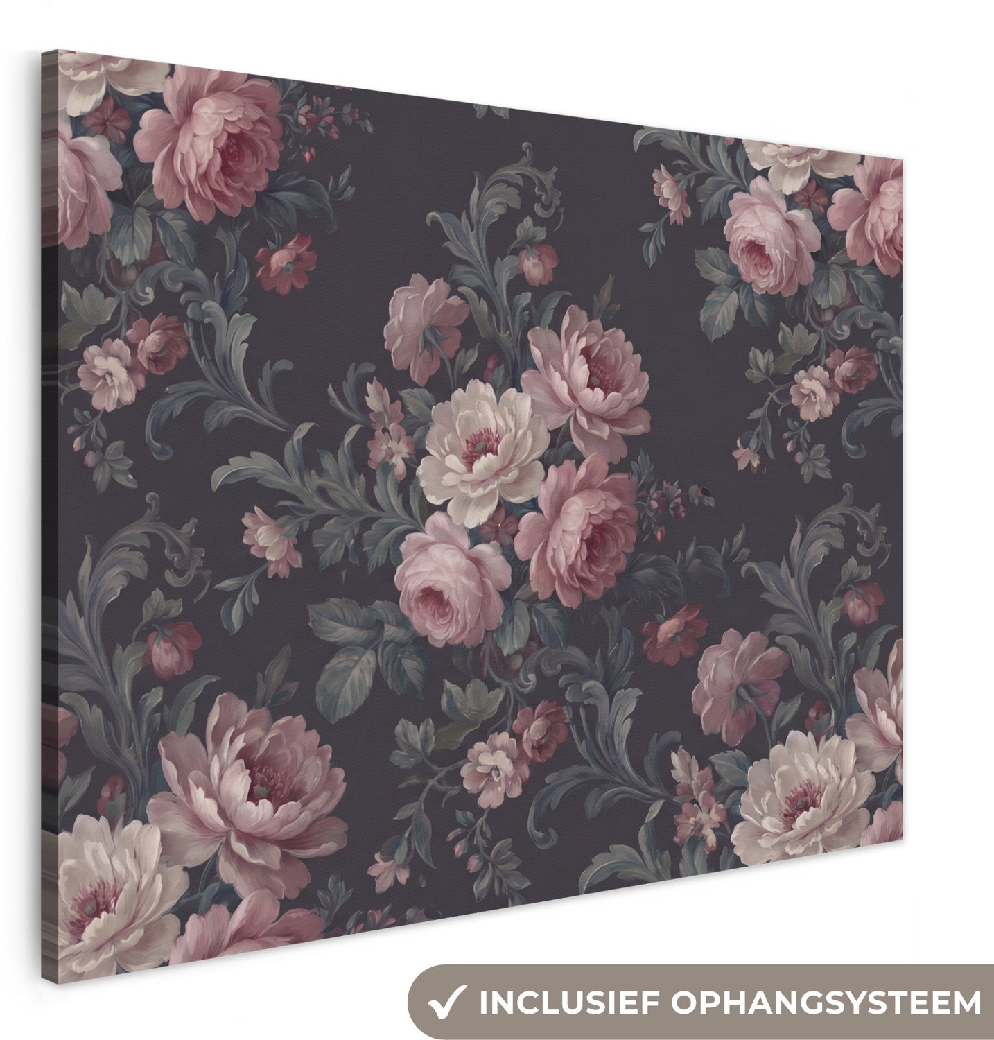 Canvas schilderij 160x120 cm - Exclusieve wanddecoratie Bloemen - Patroon - Sierlijk - Roze - Donker - Muurdecoratie woonkamer - Slaapkamer decoratie - Kamer accessoires - Schilderijen op canvas groot XXL