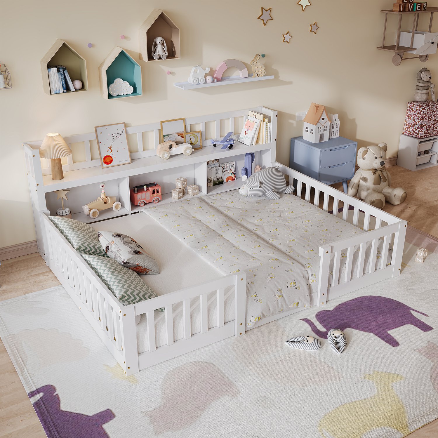 Mofor Montessori kinderbed 140x200 cm - houten vloerbed met boekenkast en lattenbodem - uitvalbeveiliging - wit