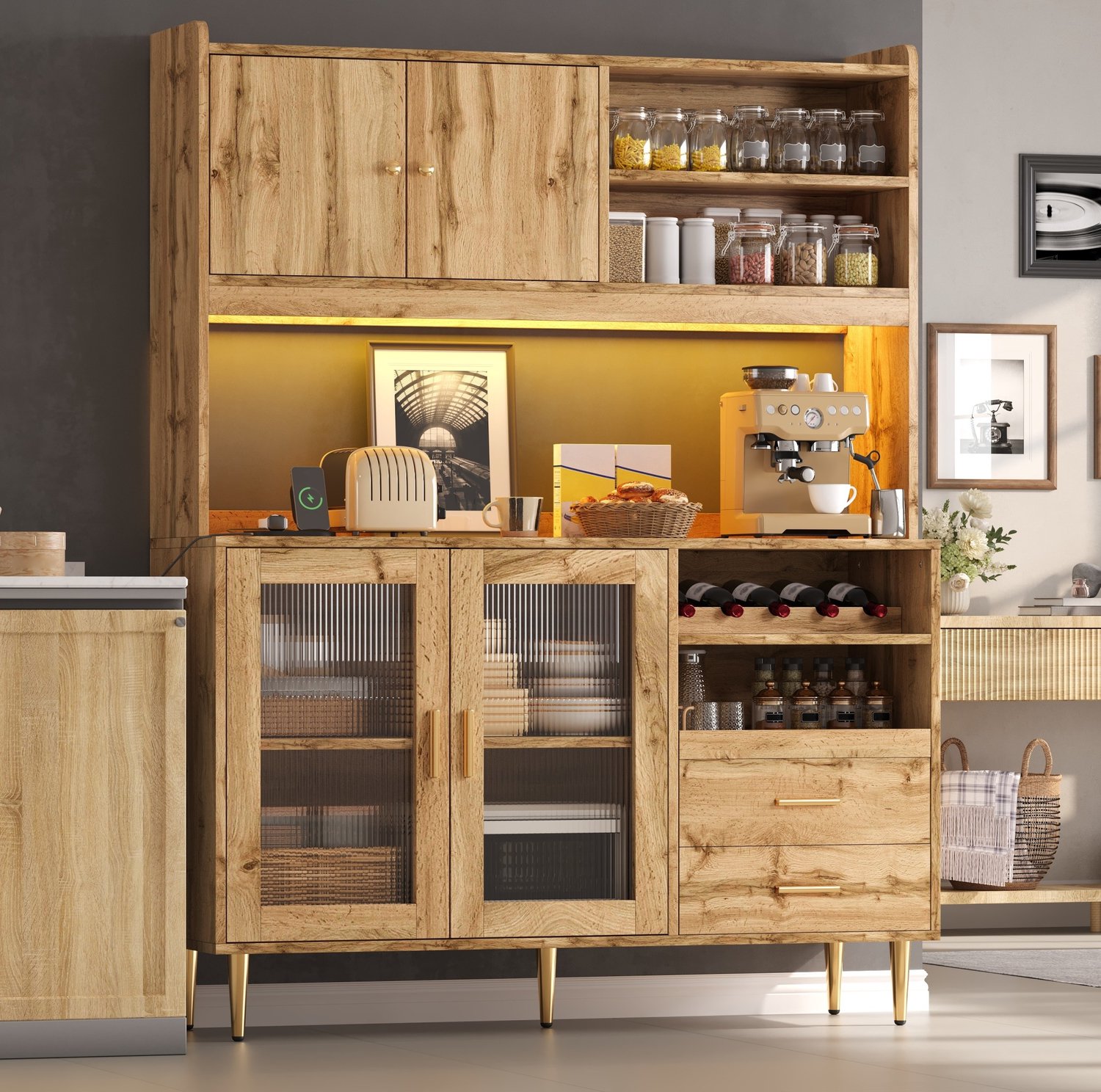 MIVRAY Keukenkast - Hoge Voorraadkast met Ledverlichting en Stopcontacten - voor Keuken en Eetkamer - MDF in Natuurkleur - 130 x 40 x 172 cm Naturel