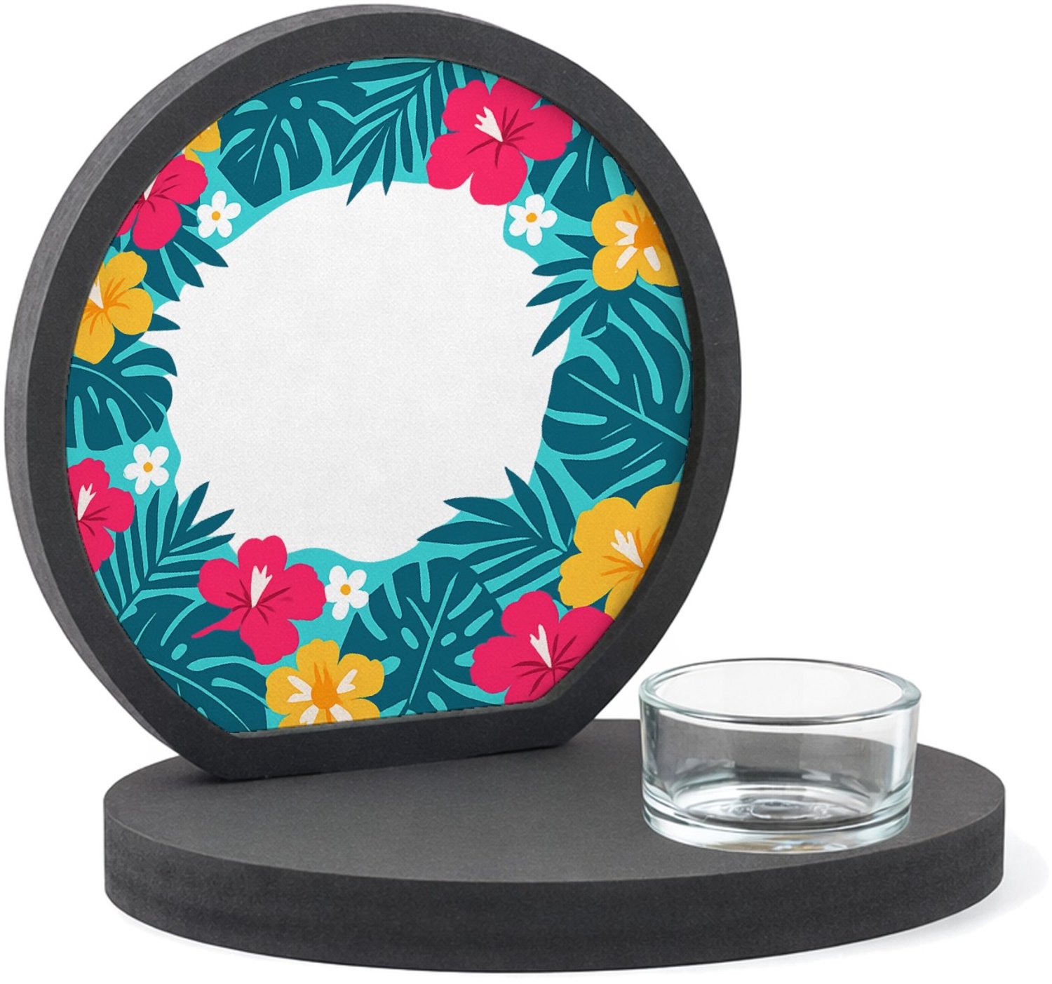 Mr Cadeautjes MDF inleg theelichthouder ~8 cm - design Fris botanisch herhaalpatroon met een speels centraal labelv | cadeau Wit
