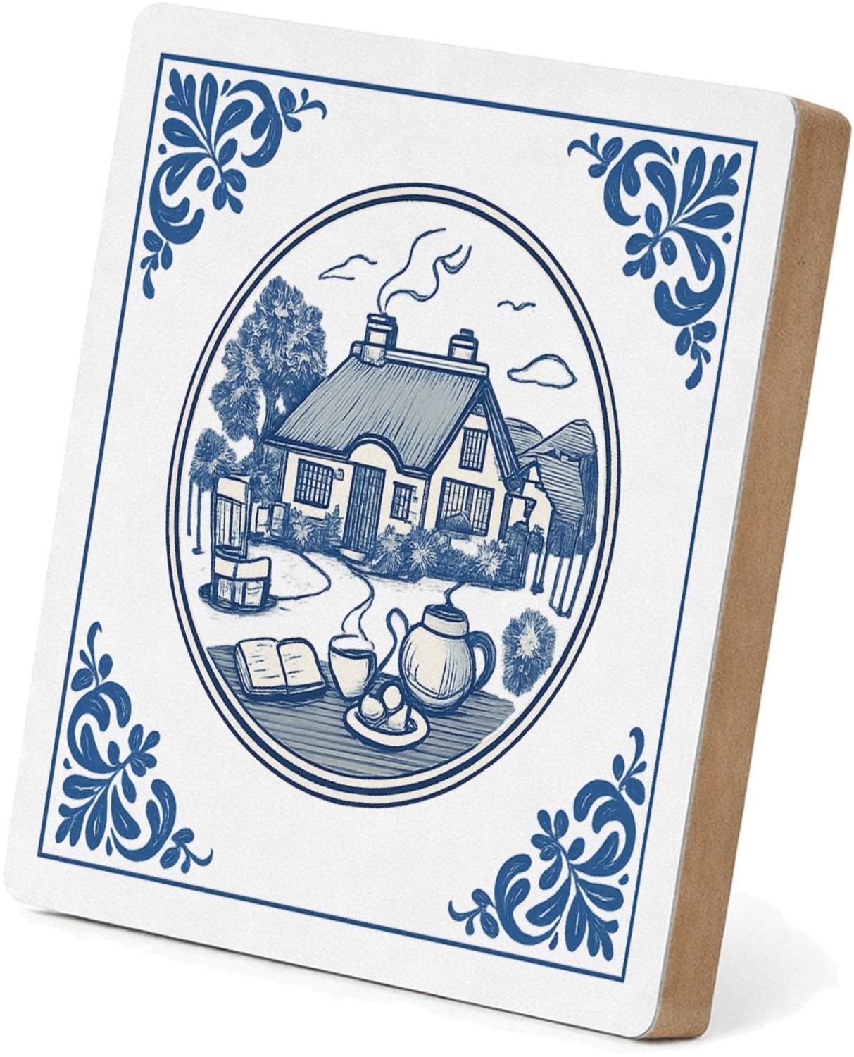 Mr Cadeautjes MDF staande fotolijst 15,2 x 15,2 - design Rond kader met botanische hoekdecoraties en een warme woonte | cadeau Wit