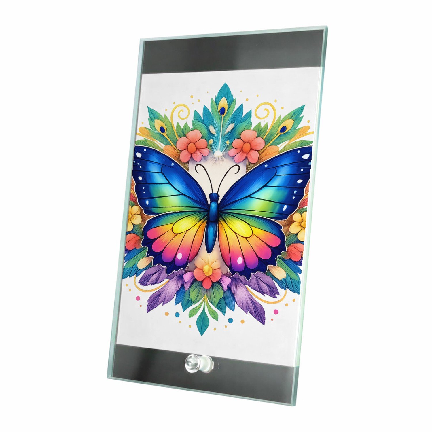Mr Cadeautjes Glasframe 15 x 23 - design Een trotse vlinder in een cirkel van grote, decoratieve vleu | cadeau Wit