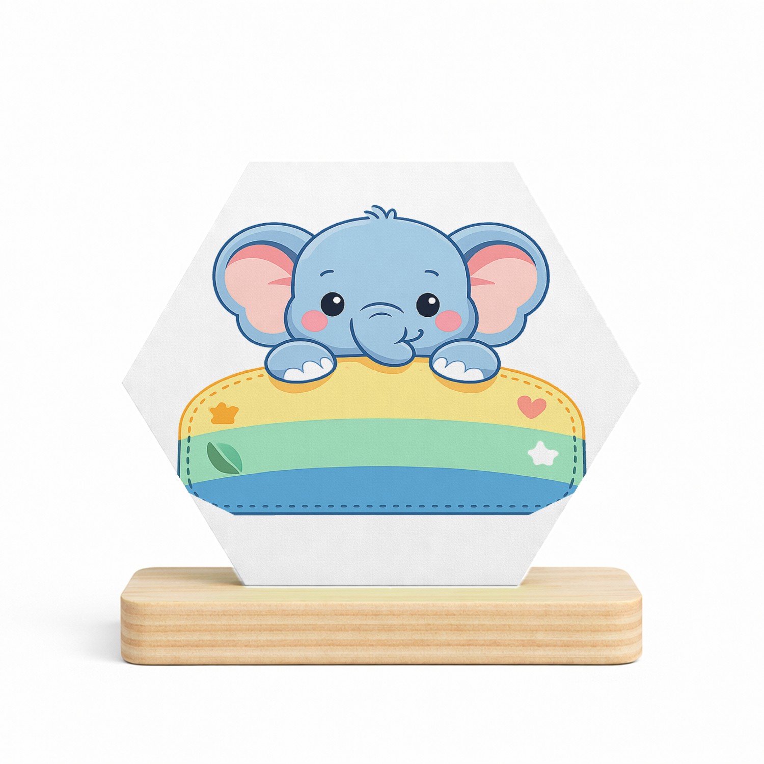 Mr Cadeautjes MDF fotolijst/inleg hexagon 14 x 13 - design Een vrolijke dier-mascotte die half uit een naamplaatje stee | cadeau Wit
