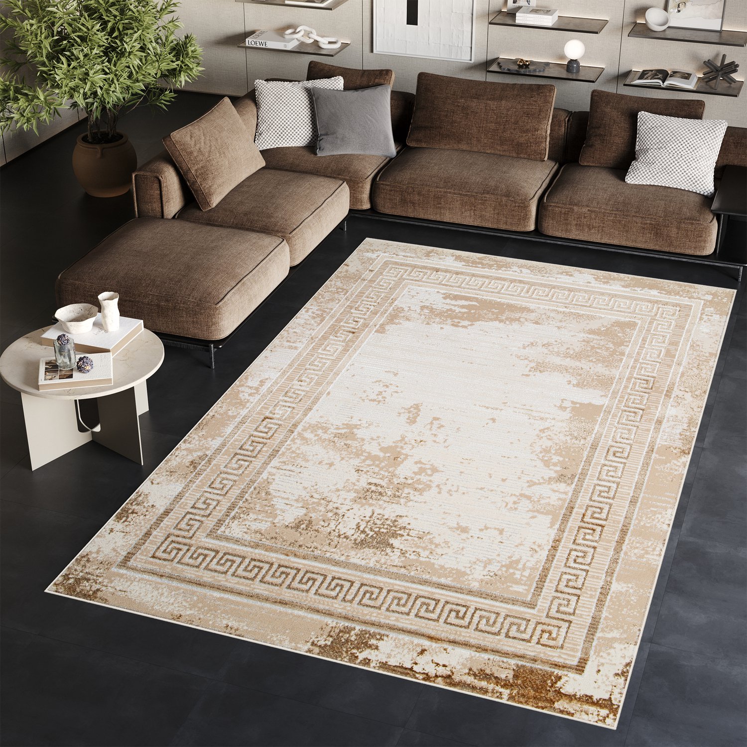 Tapiso Ares Vloerkleed Beige Bruin Laagpolig Woonkamer Frame Oriental Tapijt Maat- 250x350