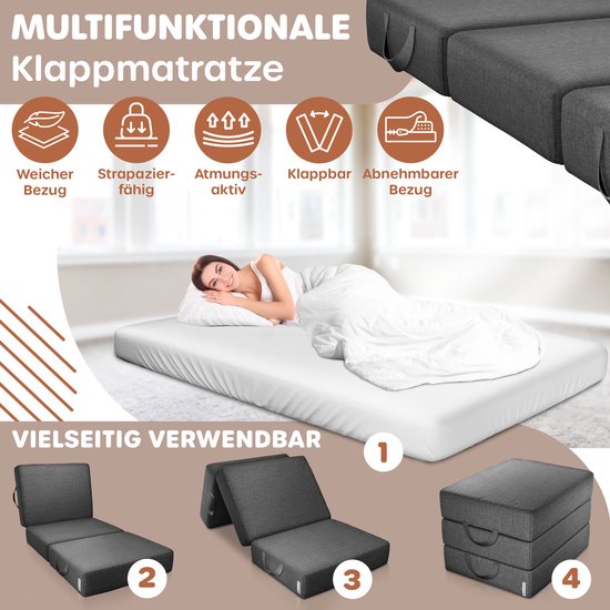 KESSER® Logeermatras - 3-voudig opvouwbaar vouwmatras met draagtas - 15 cm dik - 120x195 cm - Antraciet