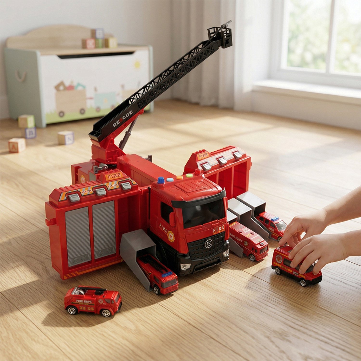 Brandweerauto Set - Brandweerwagen - Reddingsvoertuig - Brandweerauto Speelgoed - Transportvoertuig - Reddingsspel - Inertie - Licht & Geluid - Uitschuifbare Ladder & Waterkanon - Kinderspeelgoed - Rollenspel - Voor Kinderen Vanaf 3 Jaar – foto 5