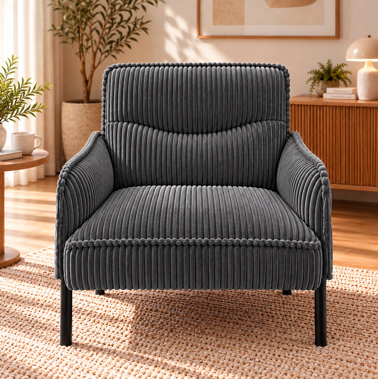 STILVORA Fauteuil 69 x 73 x 83 cm - Eenpersoons Met Armleuningen En Zijvakken - Voor Woonkamer En Slaapkamer - Ribstof - Grijs