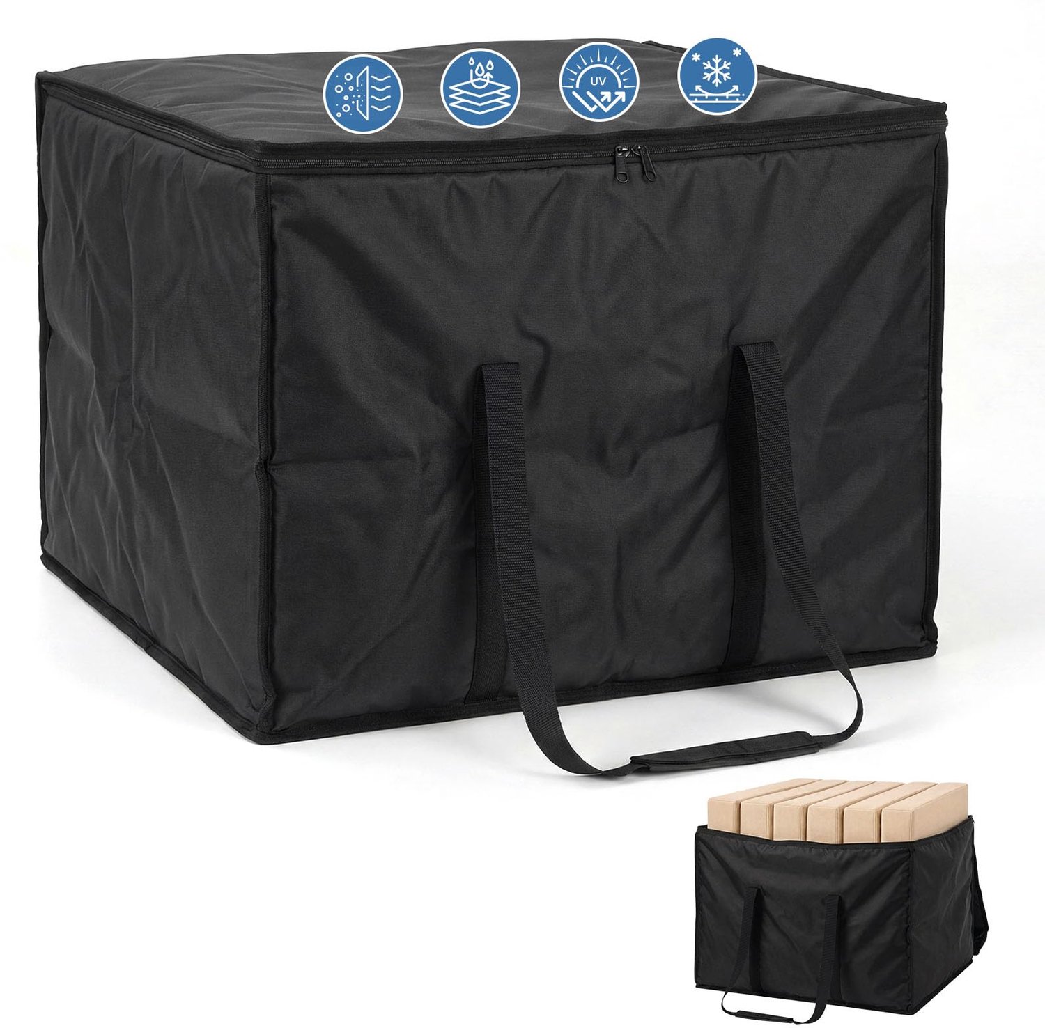 Famanu Opbergtas voor tuinkussens, 420D Oxford materiaal, 80 x 80 x 60 cm, voor het veilig opbergen van tuinmeubelkussens en kerstdecoraties, met handige handgrepen en rits, zwart