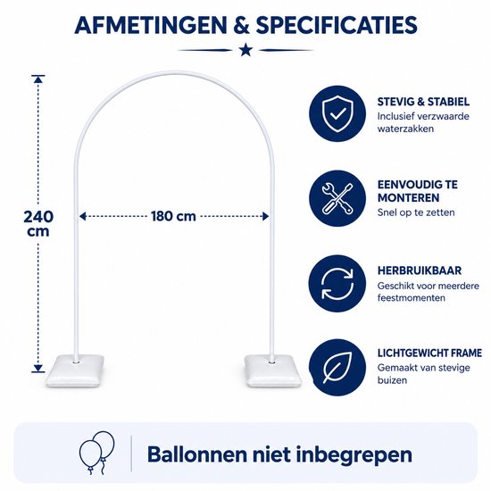 Specificaties voor een 240 x 180 cm ballonnenboogframe: stabiel, herbruikbaar en eenvoudig te monteren.