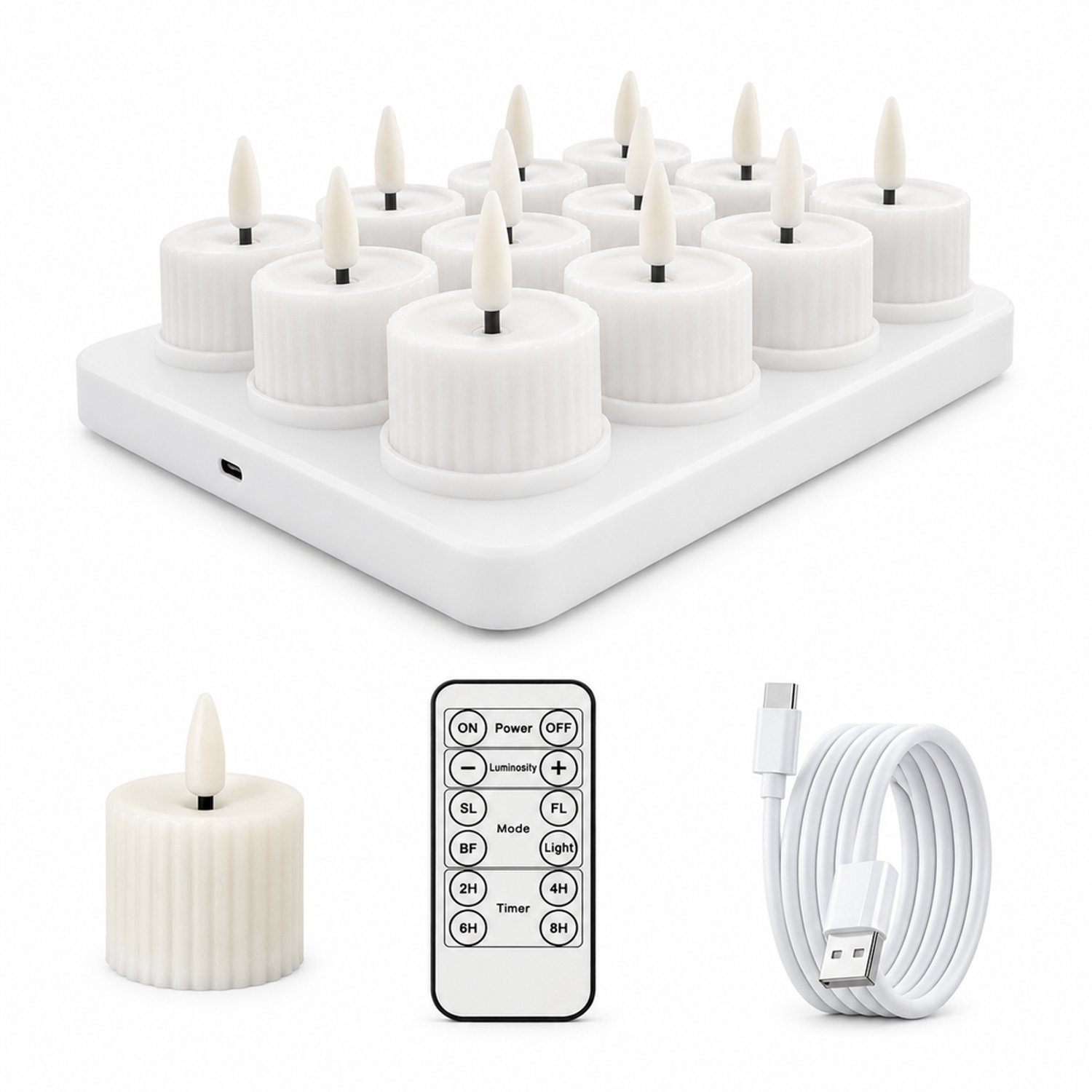 SWGOTA led kaarsen, set van 12 geribbelde theelichtjes met warm licht, afstandsbediening en Type-C-opladen, inclusief basis met 12 plaatsen en laadkabel Wit