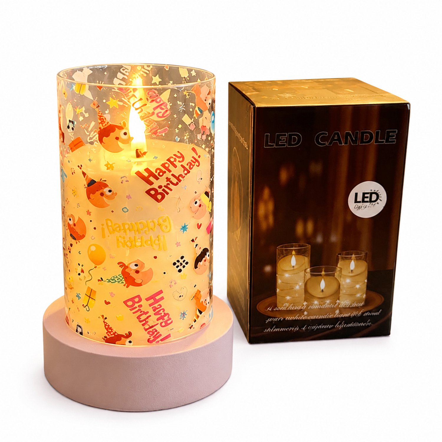 SWGOTA led kaarsen voor decoratie - 7,5 x 12,5 cm, kogelkopmodel met warme imitatievlam en verjaardagsprint, op batterijen, zonder batterijen Multicolour