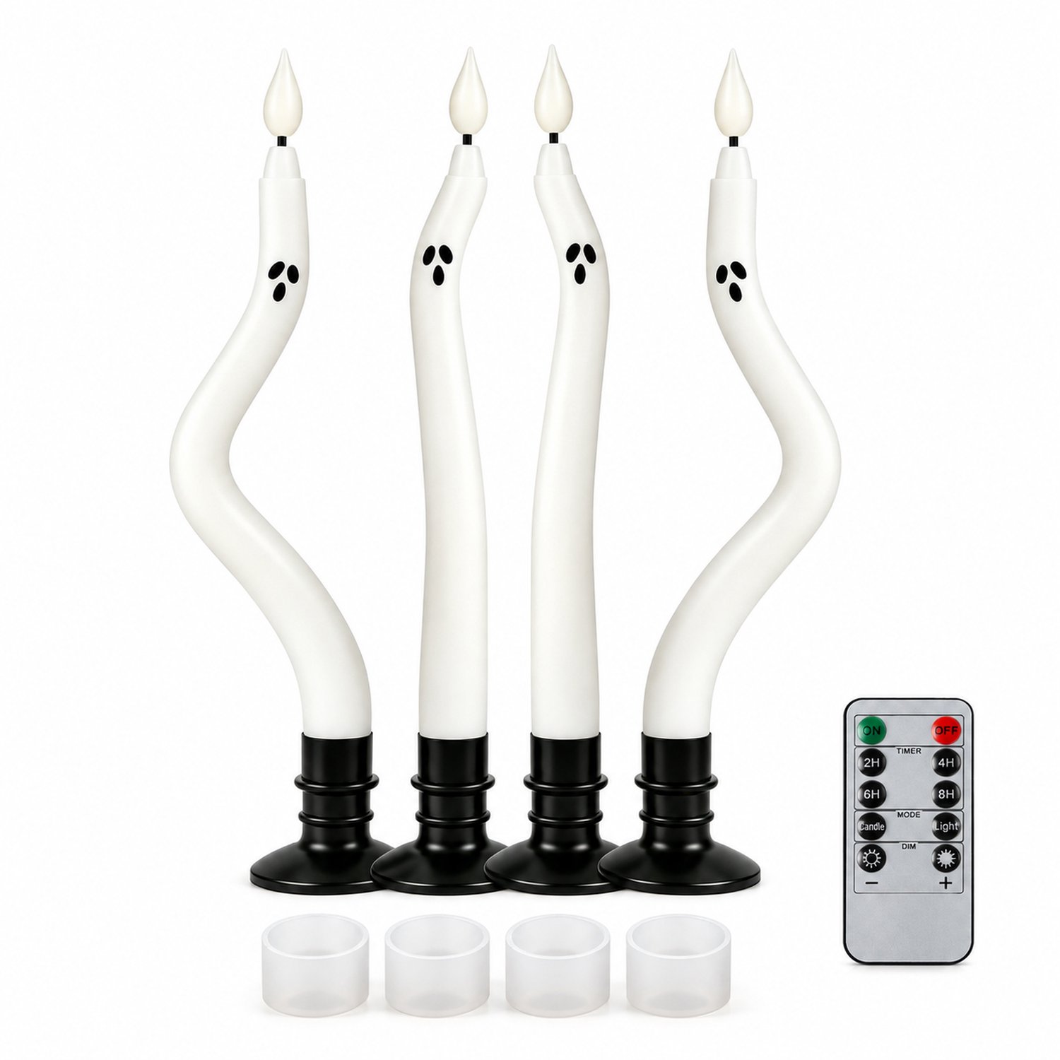 SWGOTA led kaarsen, set van 4 met S-vorm en spookgezicht, warmwit flikkerlicht, afstandsbediening met 10 toetsen en ronde voeten