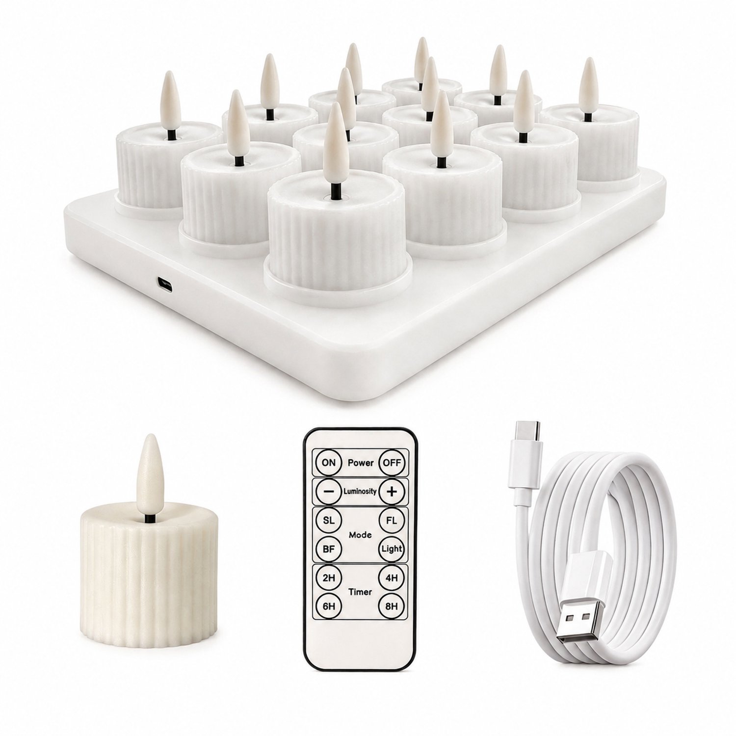 SWGOTA led kaarsen set van 12 - geribbeld, warm licht, oplaadbaar via USB-C, met laadvoet voor 3 x 4 kaarsen, afstandsbediening en laadkabel Wit