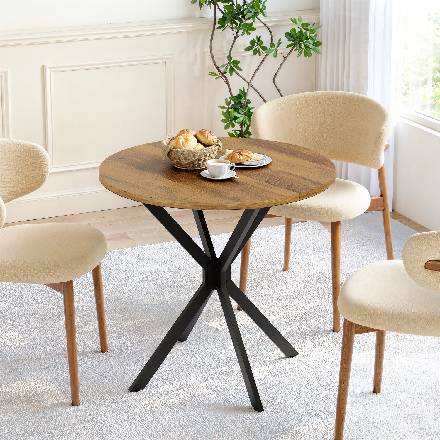 Mulder Living Ronde Eettafel - Keukentafel - Ø80 cm - Houtlook Tafelblad - X-vormige tafelpoten - Met metalen poten - Ruimtebesparende - Boerderijstijl - Bruin / Zwart