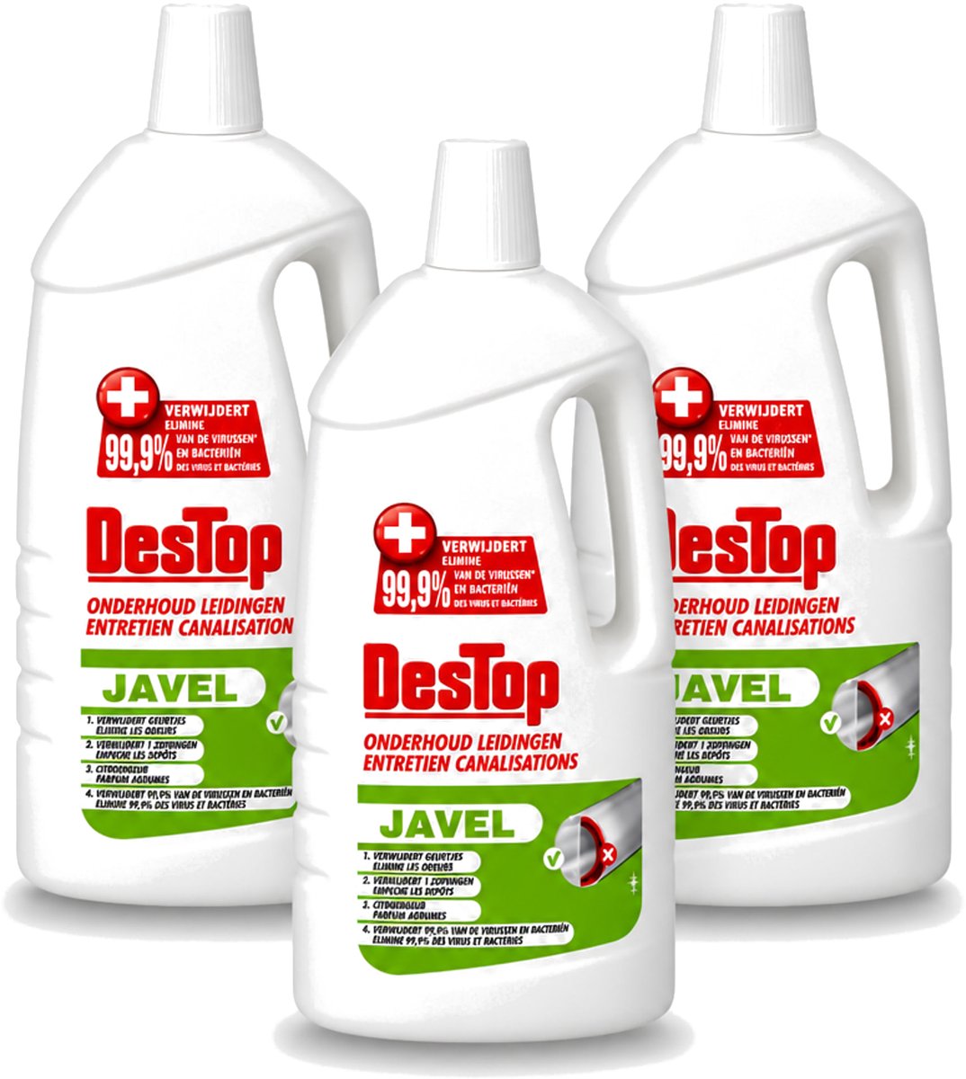 3 x DesTop - Onderhoud Leidingen - Javel - 4-in-1 Werking - Citroengeur - 1,5L - Voordeelverpakking - 3 stuks