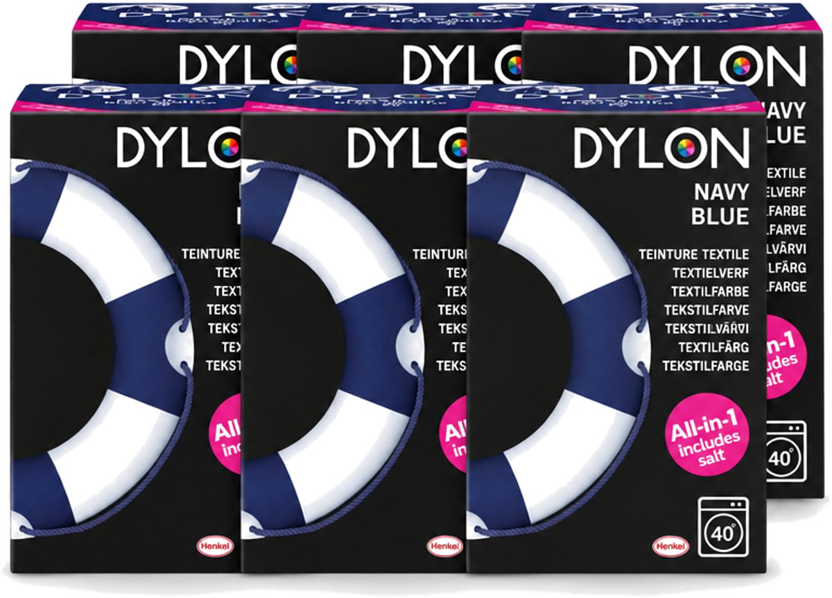 6 x Dylon - Textielverf - Navy Blue - All-in-One - Inclusief Zout - 350g - Voordeelverpakking - 6 stuks