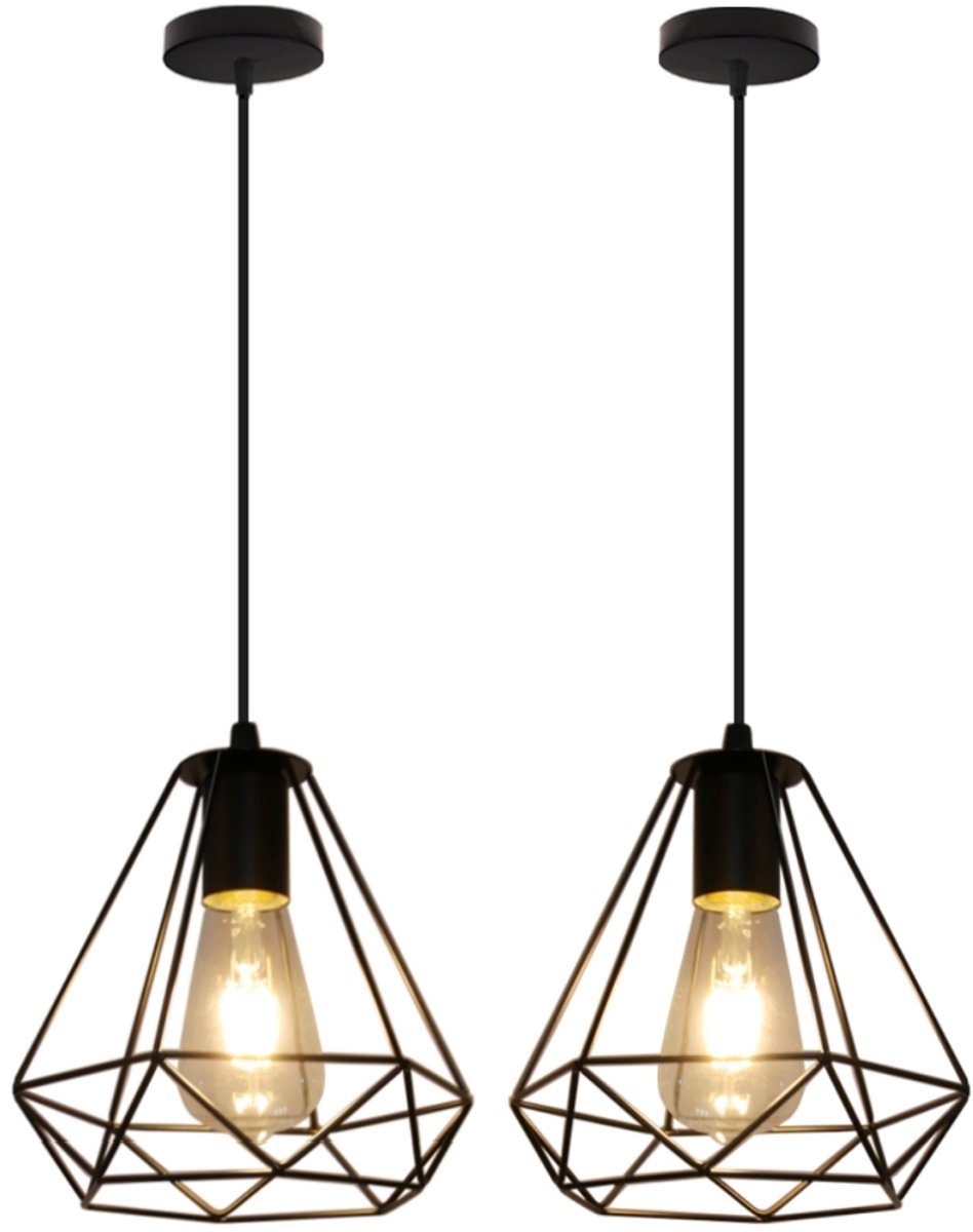 2 Stuks Vintage Hanglamp Cage 20cm Kroonluchter Hangende Lampen Metalen Plafondlamp E27 Zwart