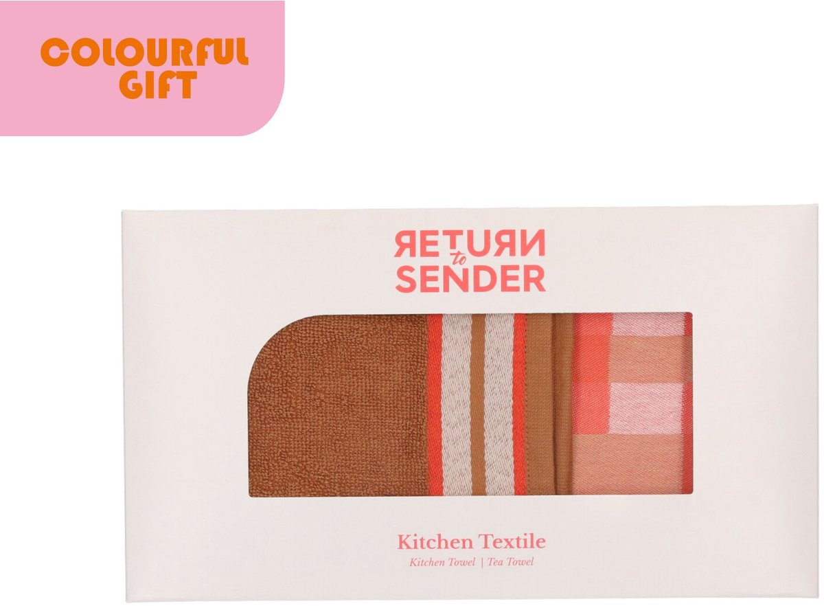 Return to Sender | Keuken- en Theedoek Sofia | 50x70 cm | Coral / Cashew met Geschenkdoos