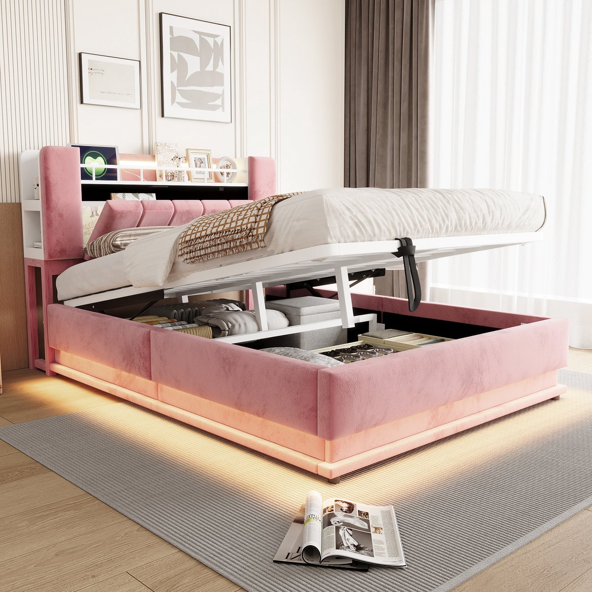 OKWISH Gestoffeerd Bed 140x200cm - LED-Verlichting en USB-Aansluitingen - Hydraulische Opbergruimte - Lattenbodem - Fluweel - Zonder Matras - Roze
