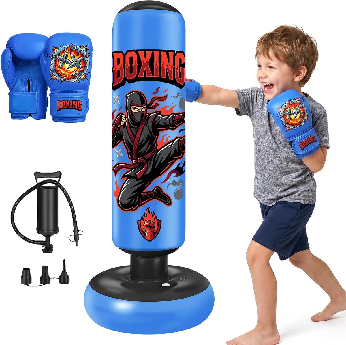 Pungibal 150 cm voor kinderen, bokszak met handschoenen en pomp, vloeruitrusting voor karate, taekwondo, kickboksen - ShopVlot