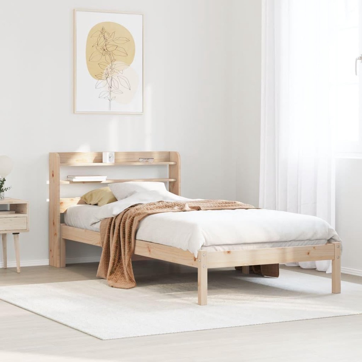 Grenenhouten bedframe met opbergschappen naturel 90x190 cm