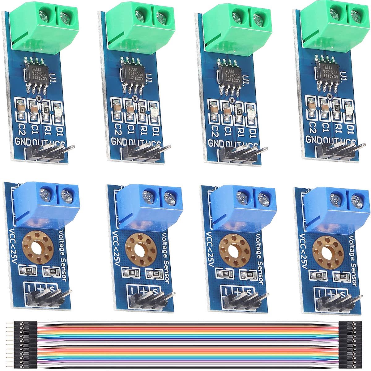 4pcs ACS712 Current Sensor Module Hall 30A + 4pcs Voltage Sensor Module DC 0-25V Toltage Tester with Dupont Cable for - ShopVlot