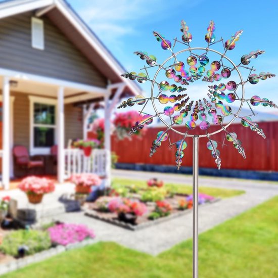 Unieke 3D metalen windmolen met 360° dual rotoren, kleurrijke tuin decoratie en kinetische windspinner voor buitengebruik — afbeelding 4