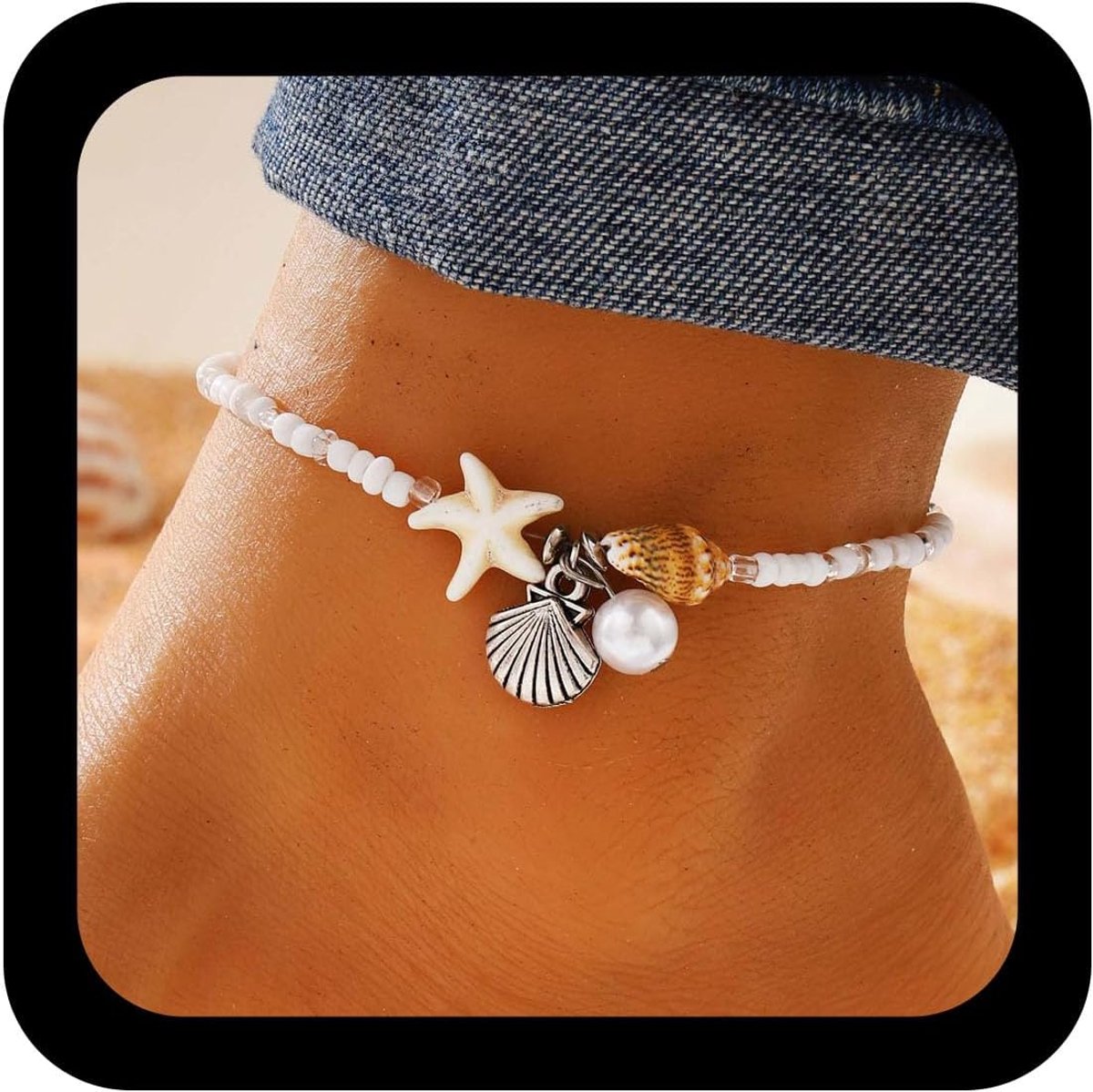 Enkelbandje - witte parel met schelpen - handgemaakt - perfecte strandaccessoire - ShopVlot