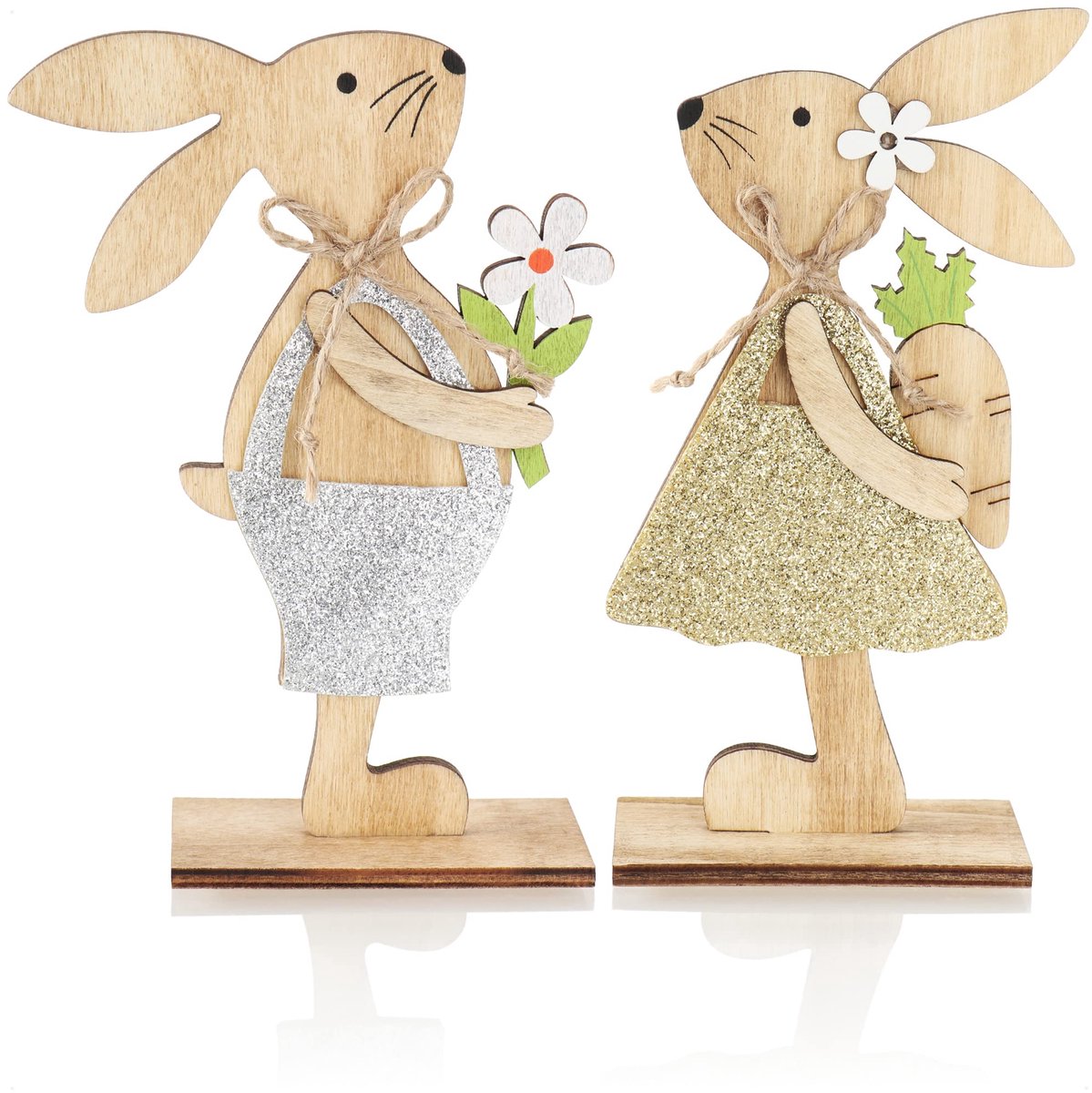 COM-FOUR® 2x decoratieve displays voor Pasen, Paashaas met bloem en wortel - ShopVlot
