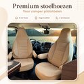 Premium beige stoelhoezen met 8 mm schuimvulling voor camper pilotenstoelen met armsteunen.