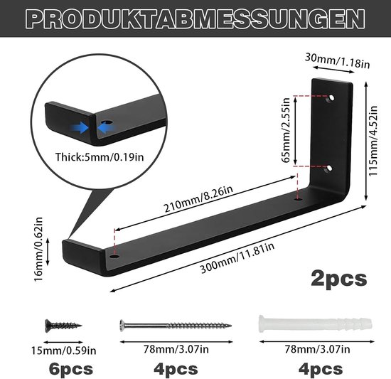 Set van 2 Zwarte 90 Graden Planksteunen, Sterke Hoeksteunen van 5 mm Dikke Staal, Ideaal voor Houten Planken en Meubels in Huis, Kantoor en Tuin — afbeelding 2