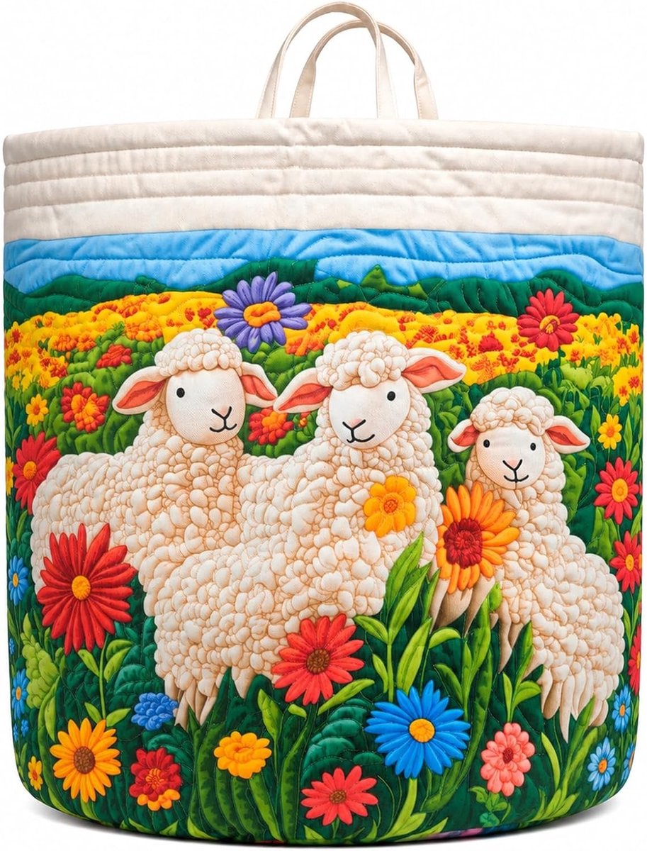 Vouwbare Wasmand met Bloemenprint, Gequilte Stof, Handvat en Ideaal voor Thuisgebruik en Organisatie