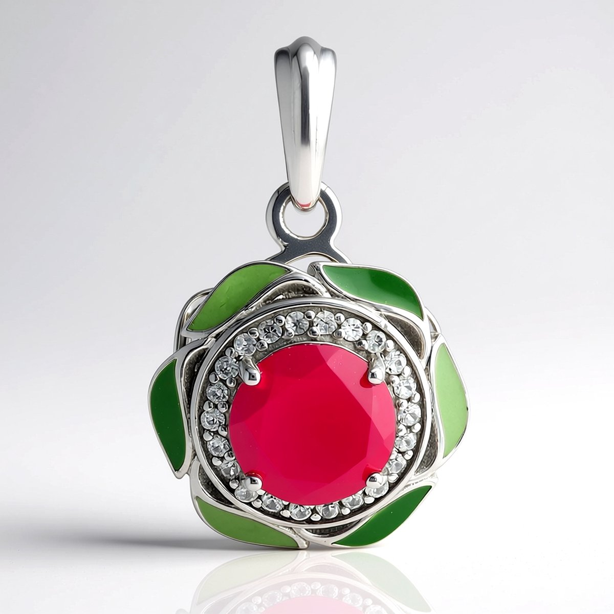 Cavill - Zilveren Bloemvormige Hanger met 1,205 ct Frambozen Chalcedoon en 0,115 ct Zirkonen - 925 Sterling Zilver Geplatineerd - Elegant