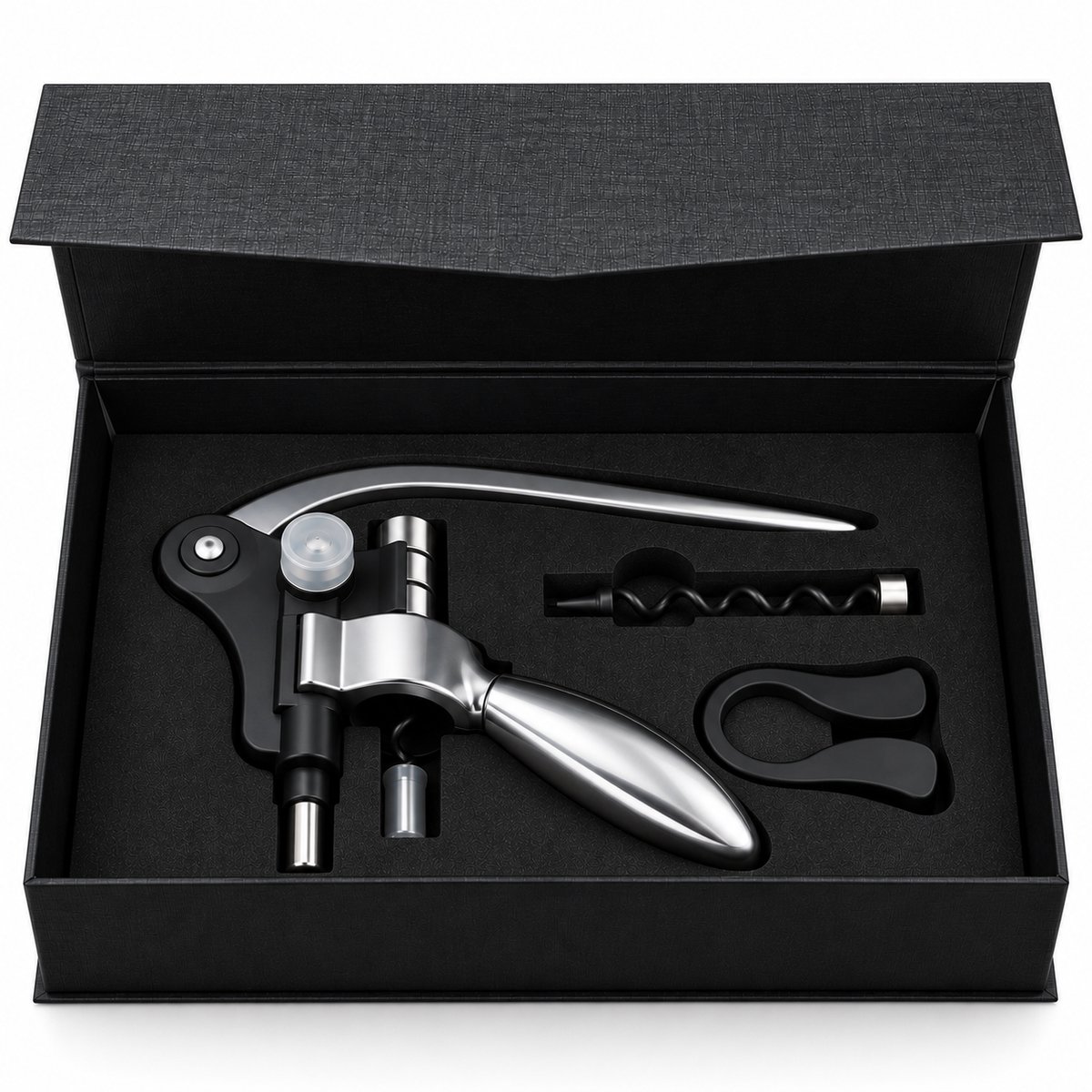 DIVERZA Luxe Kurkentrekker – Wijnopener Cadeauset met Foliesnijder en Reserveschroef – Zilver/Zwart