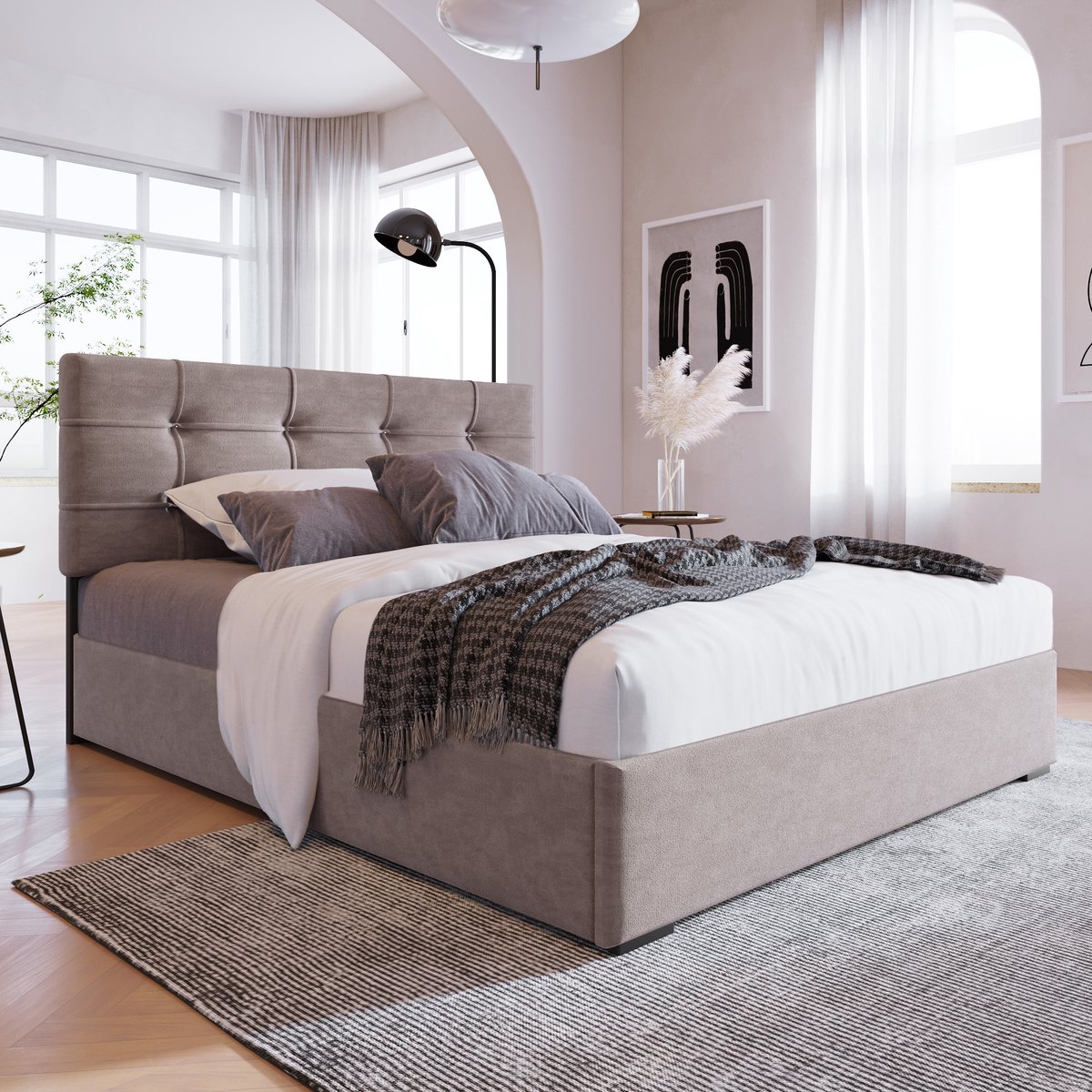 AURA LUMEN Gestoffeerd bed-Eenpersoonsbed-90 x 200 cm-Hydraulisch bed-Bed met hoofdbord-Hellgrau Lichtgrijs