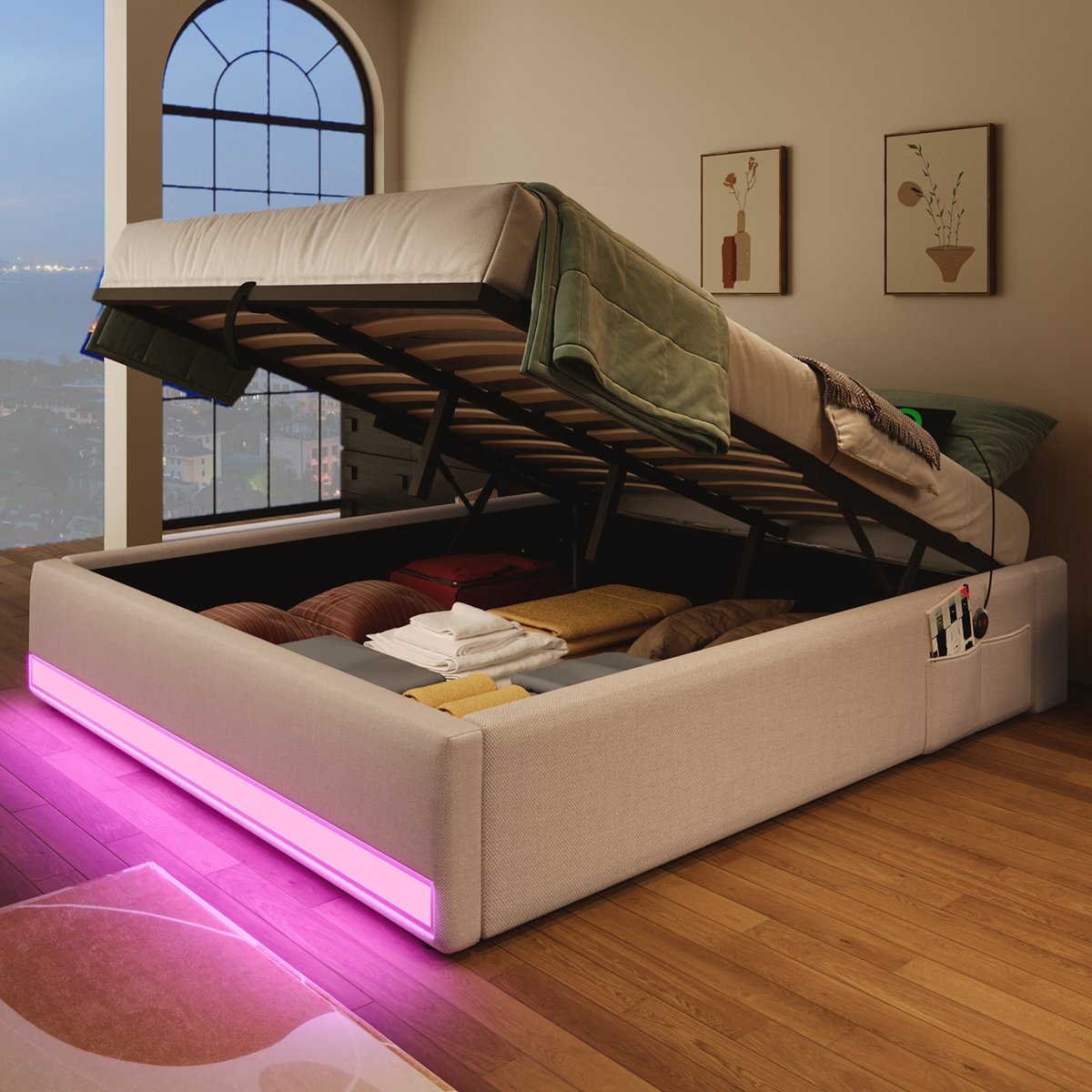 AURA LUMEN Gestoffeerd bed Twijfelaarbed 140 x 200 cm Hydraulisch bed met LED en USB Type-C Bed met opbergruimte Beige