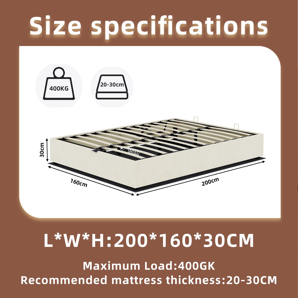 AURA LUMEN Gestoffeerd bed-Tweepersoonsbed-160 x 200 cm-Gasveer bed-Bed met opbergruimte-Beige