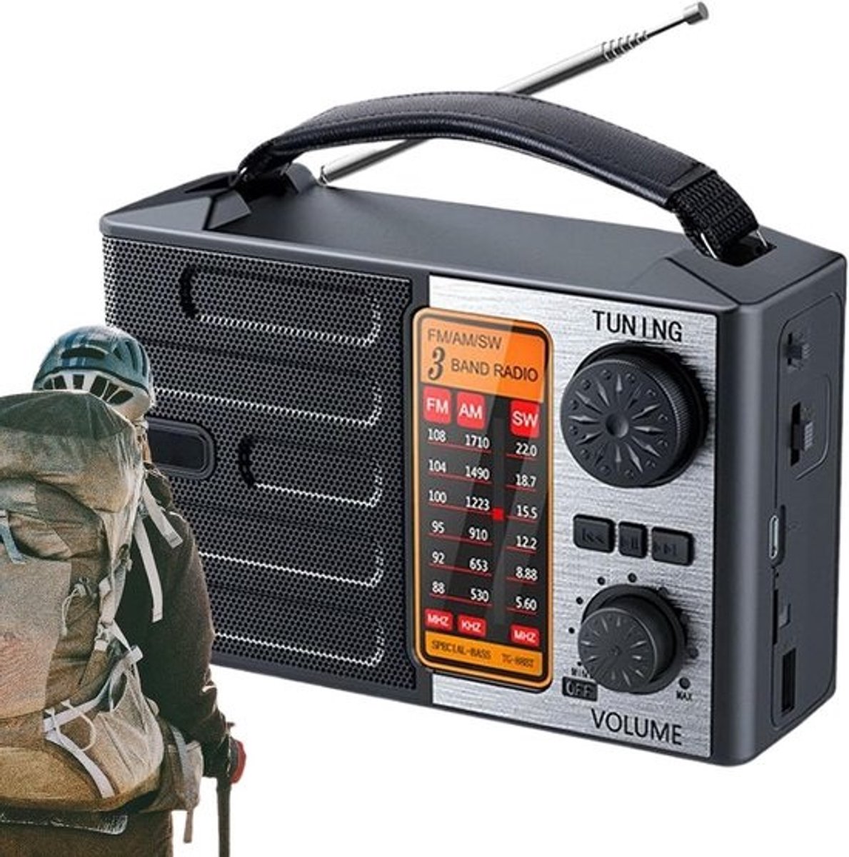 Radio op zonne-energie - Noodradio voor weerinformatie - Voor veiligheid - Met weeralarmen - 172 cm - Zwart