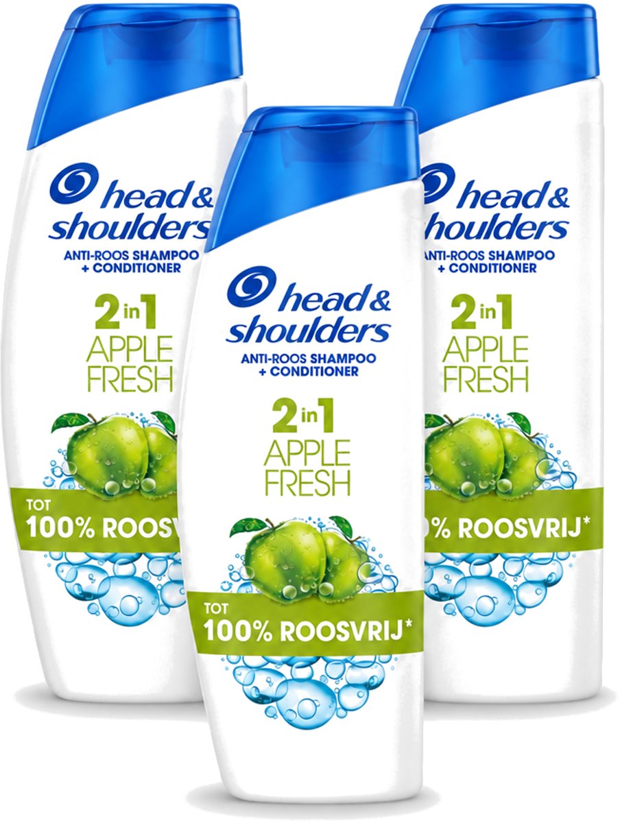 3 x Head & Shoulders - Shampoo - 2-in-1 - Apple Fresh - 100% Roosvrij - 300 ml - Voordeelverpakking - 3 stuks