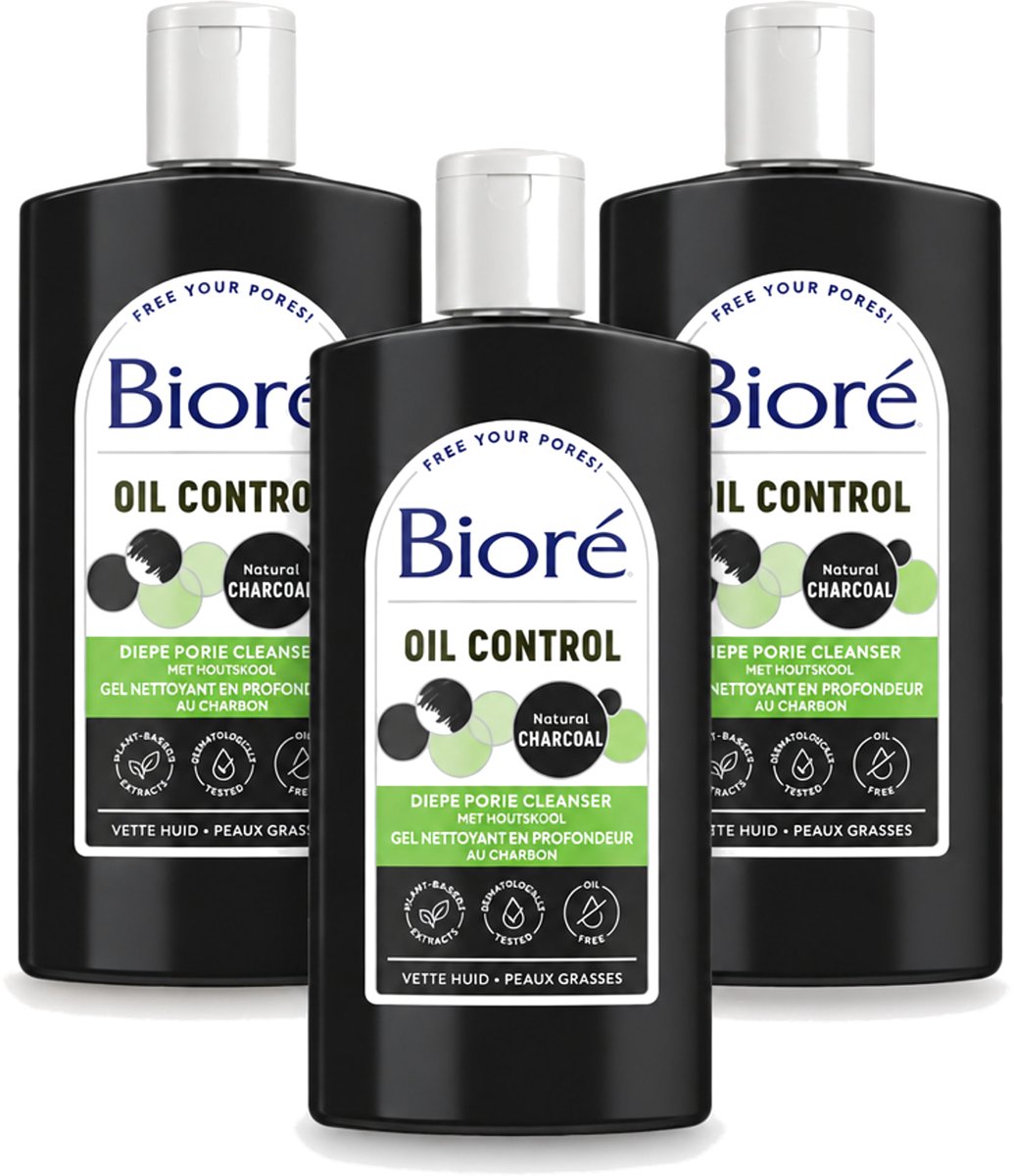 3 x Bioré – Houtskool Reinigingsgel – Gezichtsreiniger – 200 ml - Voordeelverpakking - 3 stuks