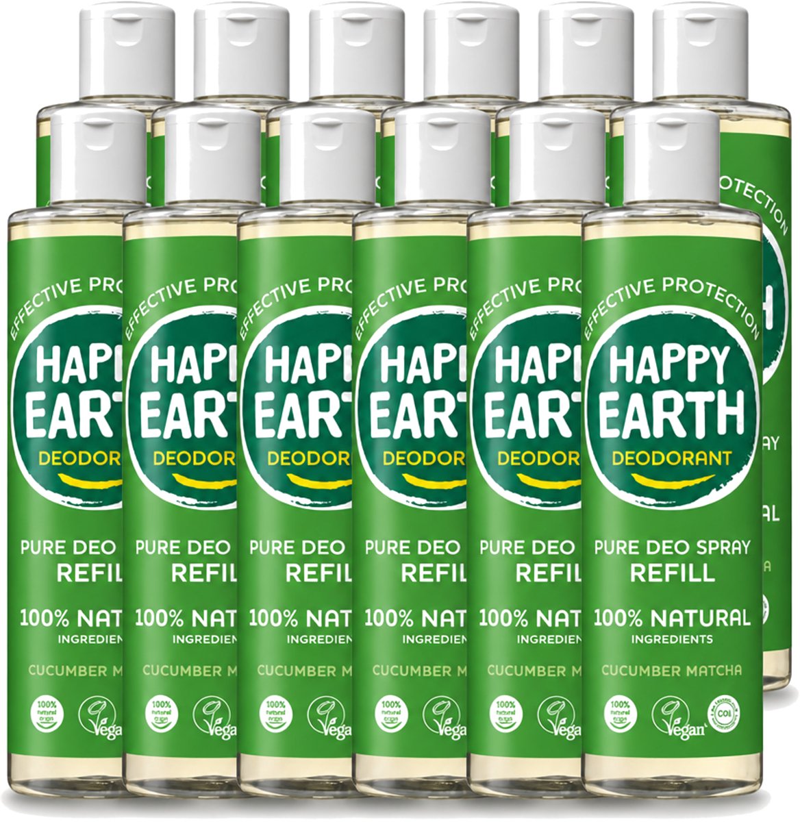 12 x Happy Earth – Deodorant Spray Navulling – 100% Natuurlijk Cucumber Matcha – 300 ml - Voordeelverpakking - 12 stuks