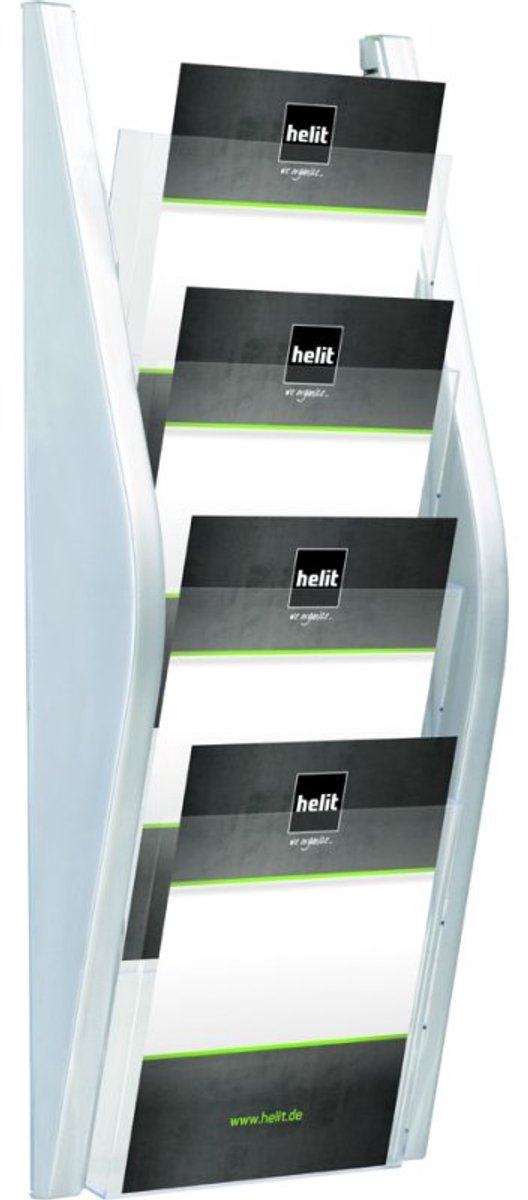 helit Wand-Prospekthalter, DIN A5 hoch, 4 Fächer, schwarz Seitenteile aus farbigem PP, Fächer aus glasklarem PS (h6270295)